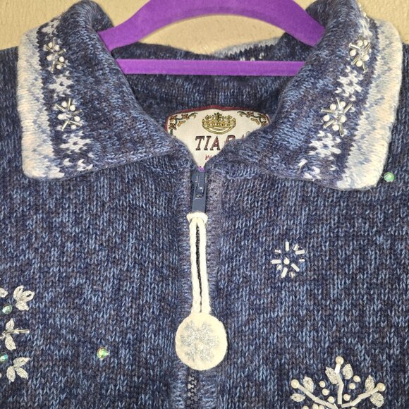 Tiara Women Holiday Long Sleeved Zip Cardigan with Snowflake Embellishments - Picture 2 of 9